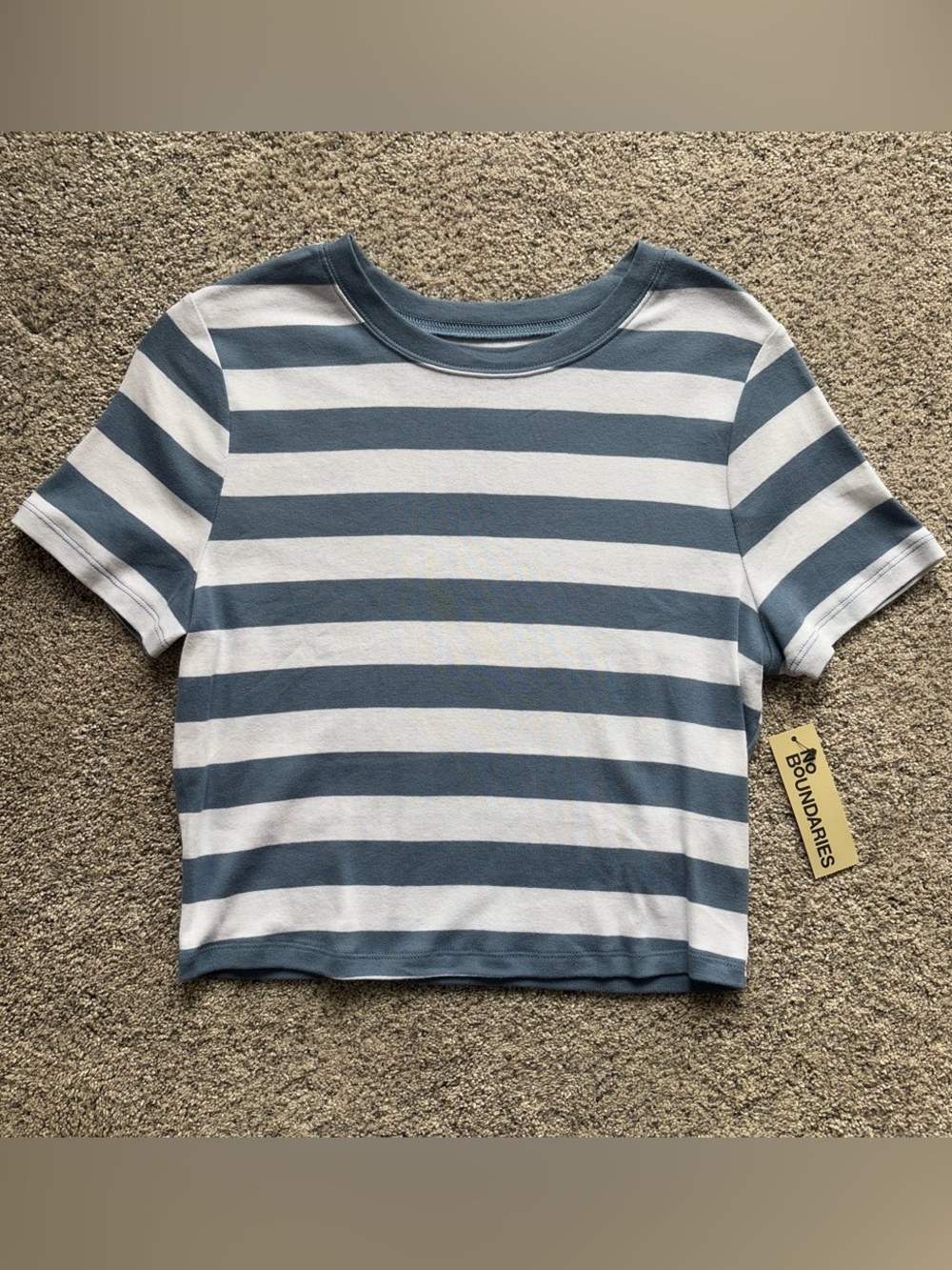 NWT No Boundaries Blue and White Striped Cropped Tee Shirt